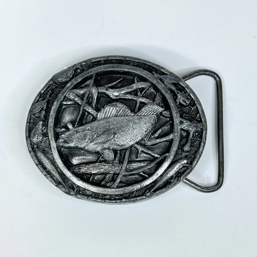 Vintage 1988 Walleye Fish BERGAMOT BRASS WORKS Belt Buckle USA Made Pewter Tone